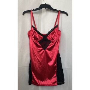 Red Satin Black Lace Trimmed Babydoll Chemise Lingerie Slip Womens  L Underwired